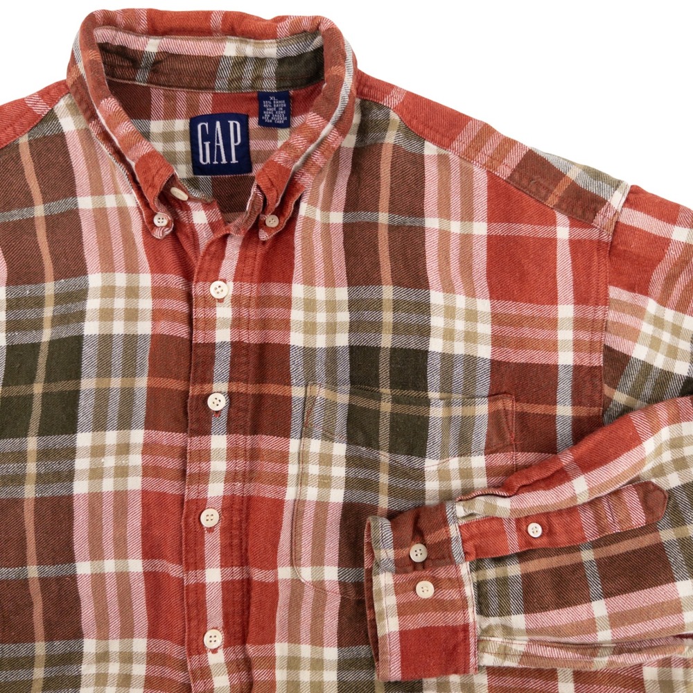 Vintage GAP Mens XL Heavy Flannel Shirt Red Plaid Ramie Rayon Blue Label 90s Y2K